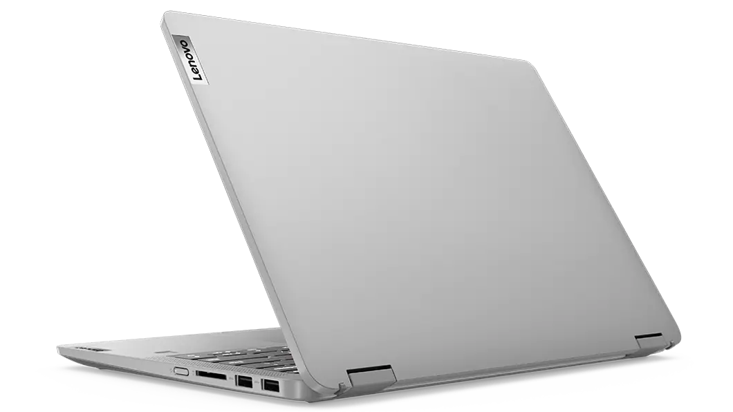 The 14, IdeaPad Flex 5i from the back right side, opened about 70 degrees, showing the hinge, the right-side ports, the cover, and part of the keyboard