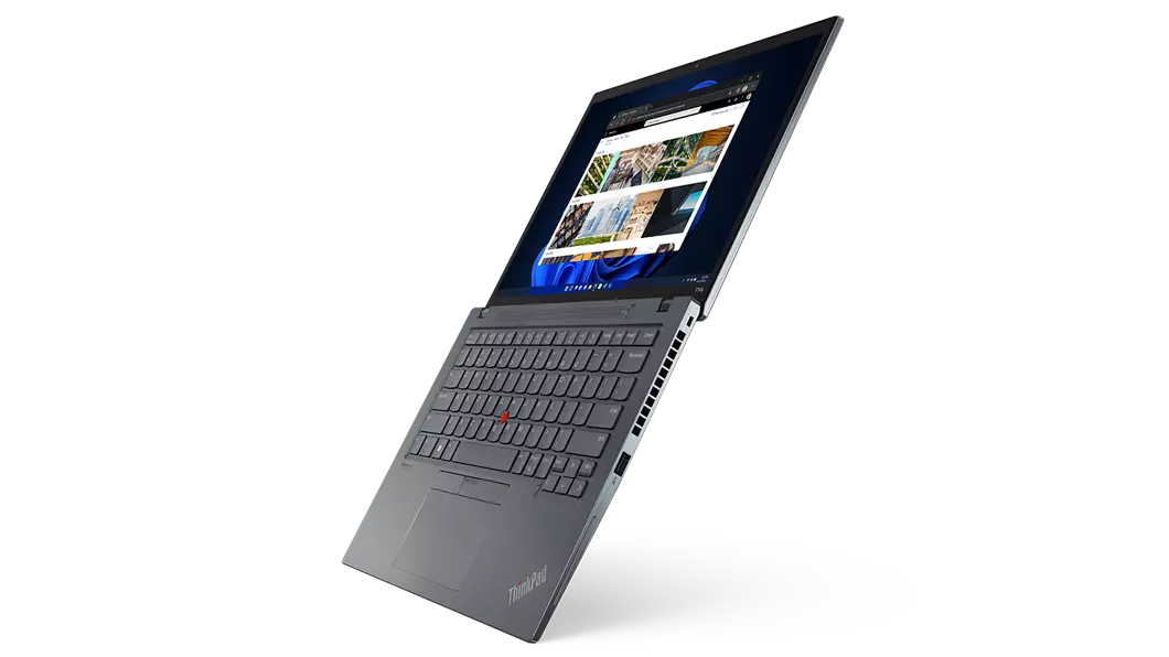 Left-side view of ThinkPad T14s (14, AMD), opened 180 degrees, vertically, from left to right, showing keyboard and display