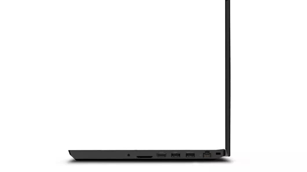 Left side of Lenovo ThinkPad P15v laptop open 90 degrees 