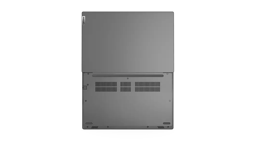 image of Lenovo V15 Gen 2 (15, Intel) laptop – rear/bottom view, lying flat with lid completely open