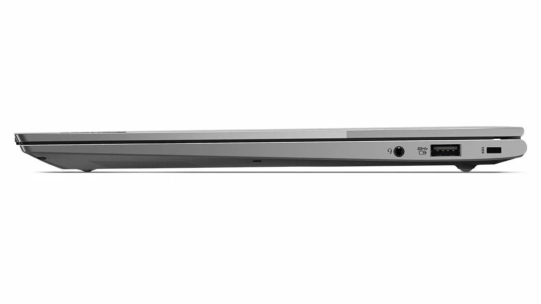 The right side of a closed ThinkBook 13s Gen 4 (Intel) laptop viewed at eye level to show off its slim, modern appearance and right-side ports.