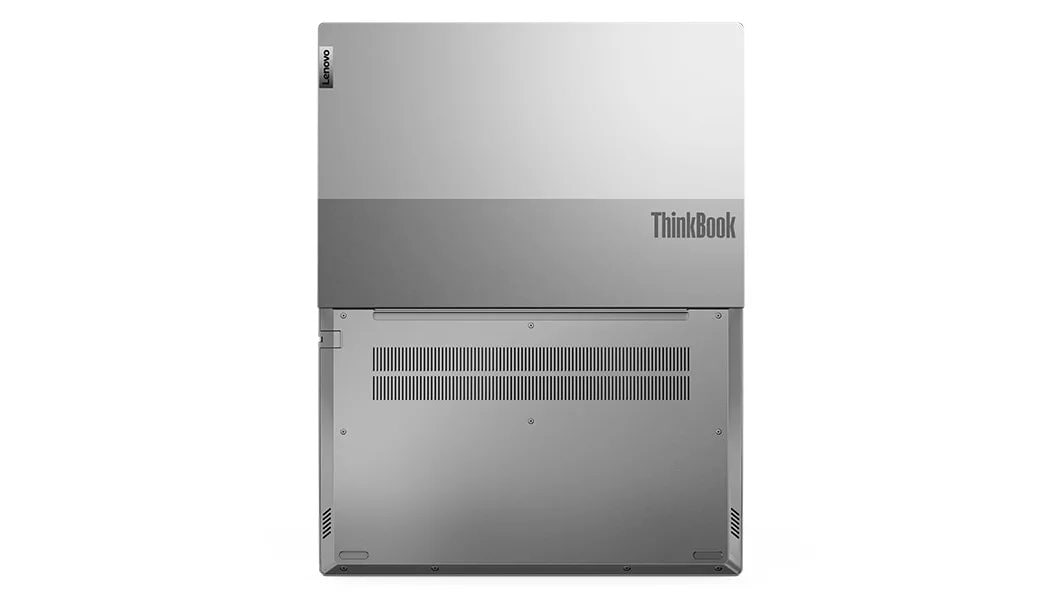 Lenovo ThinkBook 14 Gen 4 (14" AMD) laptop – bottom view, lid open 180 degrees