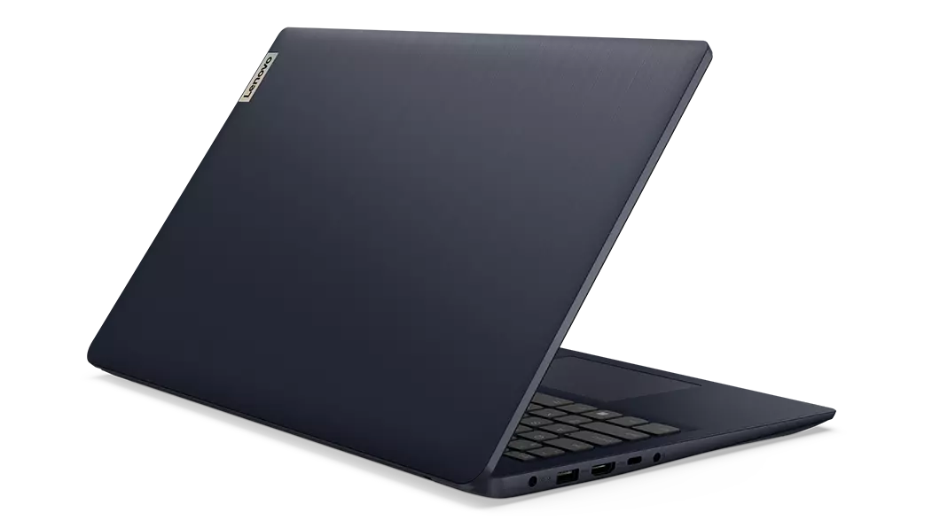 Abyss Blue IdeaPad 3i Gen 7 laptop rear view, facing right
