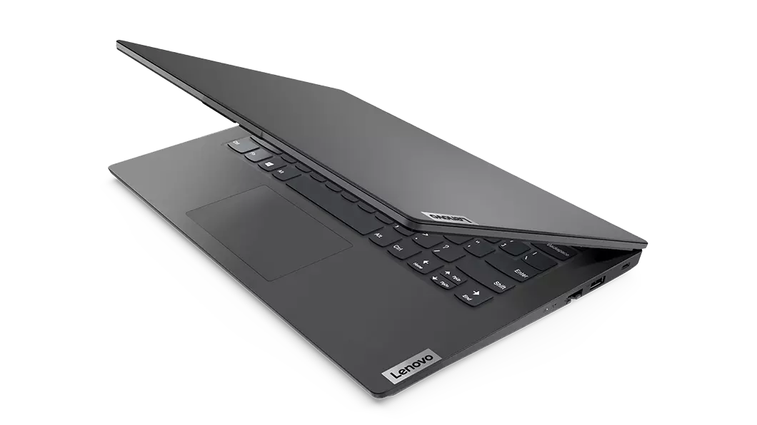 image of Lenovo V14 Gen 2 (14,Intel) laptop – ¾ right front view, with lid partially open