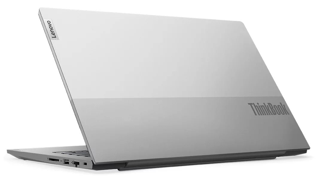 Lenovo ThinkBook 14 Gen 4 (14" AMD) laptop – ¾ right-rear view, lid partially open
