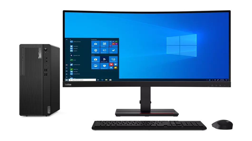 Lenovo ThinkCentre M75t Gen 2 placed next to monitor, keyboard and mouse