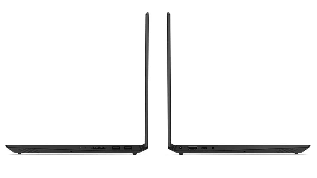 Left and right side view of two Lenovo IdeaPad S340 (14, AMD) open in laptop mode