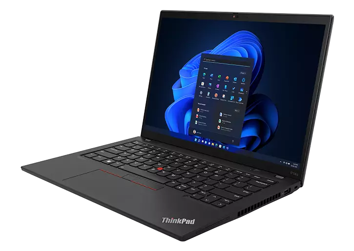 Front-facing Lenovo ThinkPad P14s Gen 3 (14, AMD) laptop open 90 degrees & angled to show right-side ports.