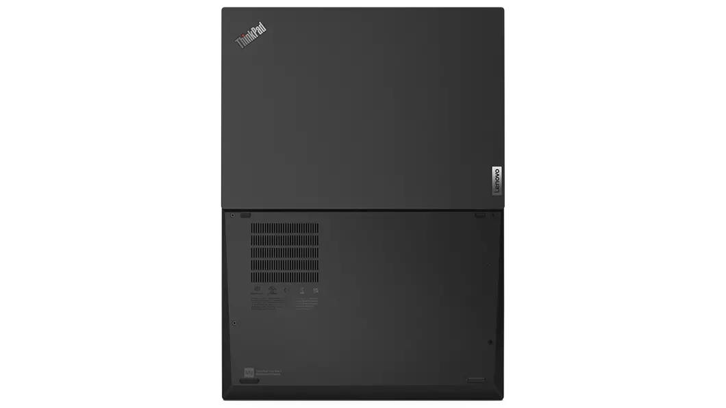 Aerial view of ThinkPad T14s Gen 3 (14, Intel), opened and laid flat, showing front and rear covers