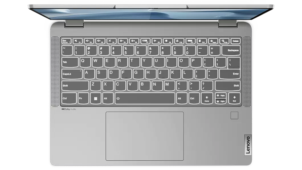 Top view of the 14, IdeaPad Flex 5i in laptop mode, showing the backlit keyboard and the trackpad.
