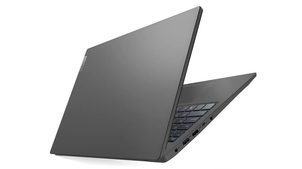 Left side view of Lenovo V15 Gen 3 (15, AMD) laptop, opened slightly in a V-shape, showing front cover and part of keyboard