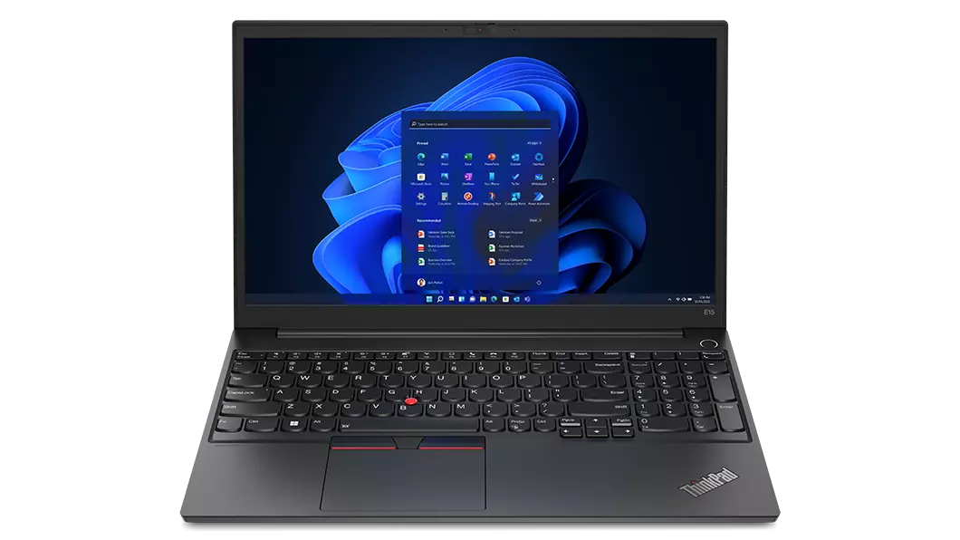 Front facing ThinkPad E15 Gen 4 business laptop, opened 90 degrees, showing keyboard and display with Windows 11
