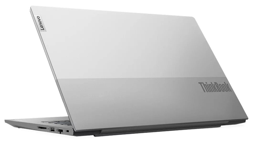 Back right angle view of a partially opened Lenovo ThinkBook 14 Gen 4 (Intel) laptop 