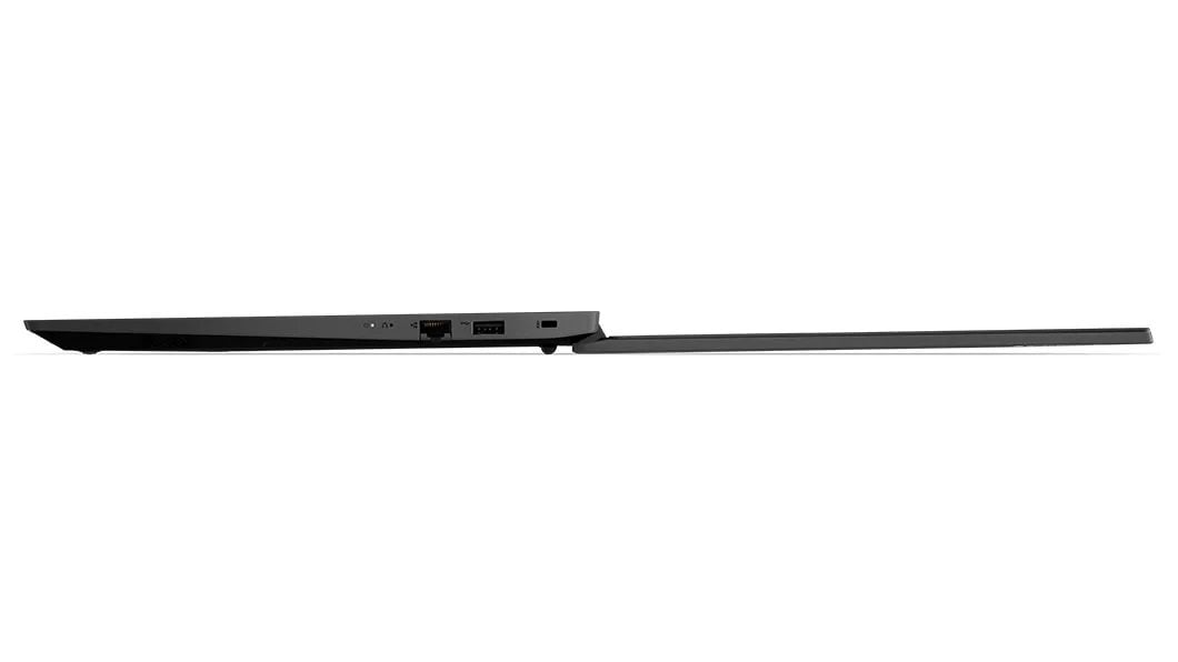  Left side profile of Lenovo V15 Gen 3 (15, AMD) laptop, opened 180 degrees flat, showing ports and edge of display