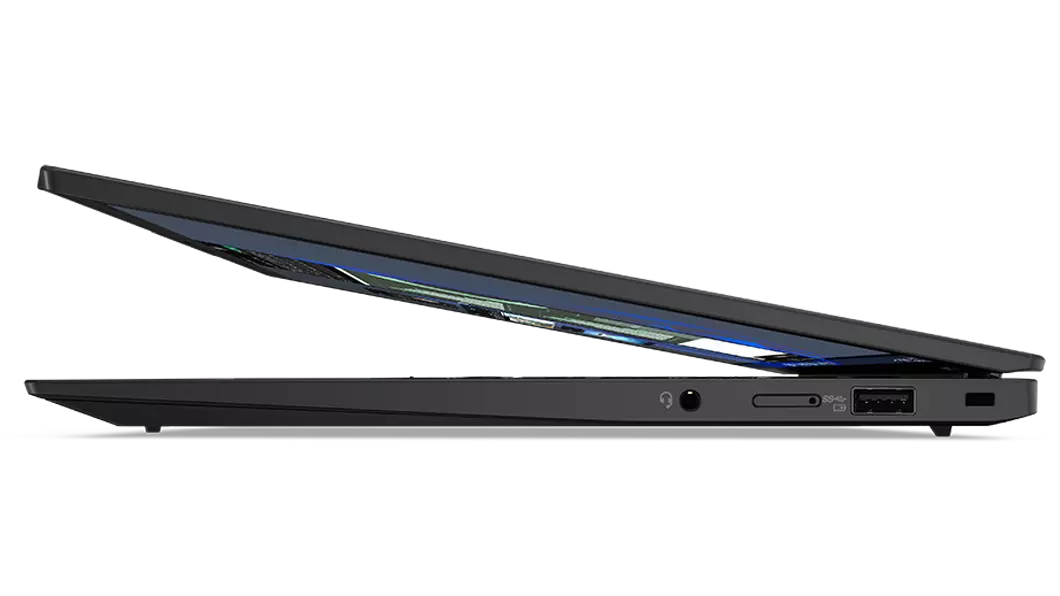 Right-side profile of Lenovo ThinkPad X1 Carbon Gen 10 laptop with cover open slightly.