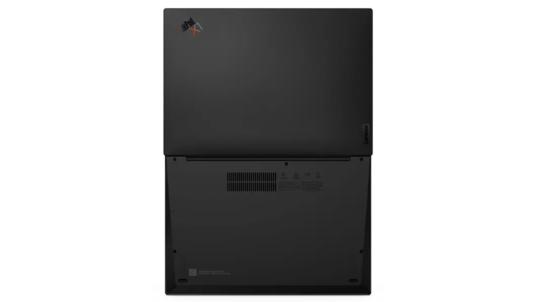 Overhead shot of the bottom side of the Lenovo ThinkPad X1 Carbon Gen 10 laptop open 180 degrees.
