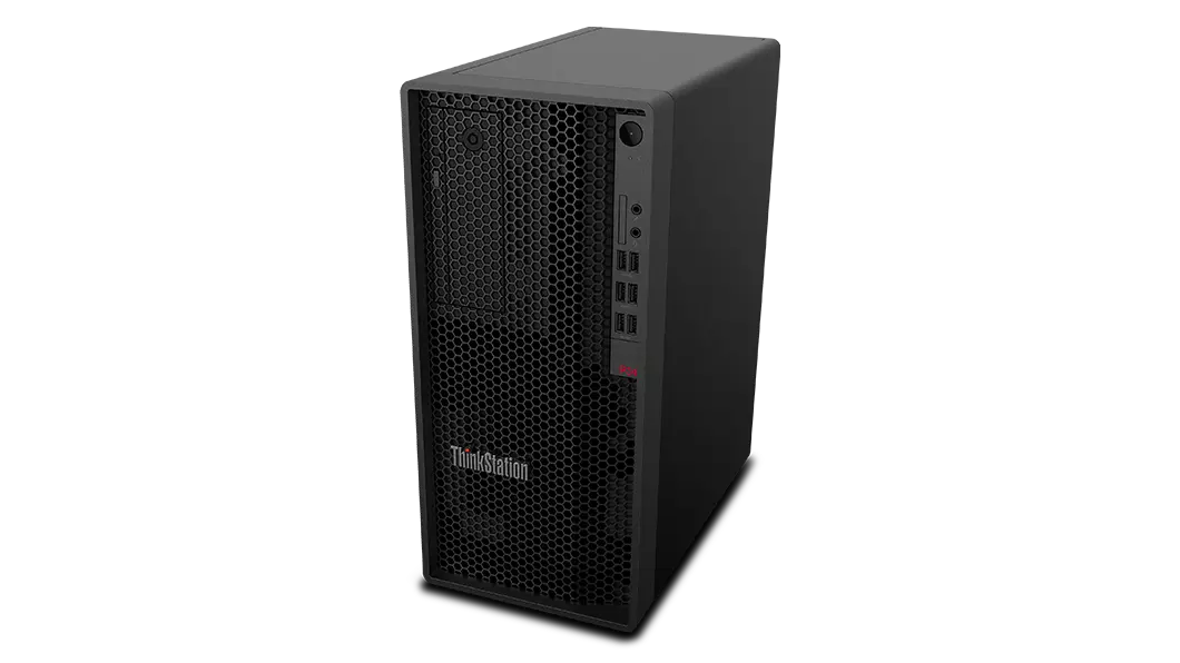Overhead shot of Lenovo ThinkStation P348 Tower workstation showing front and right side.