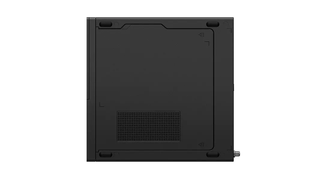 Overhead shot of bottom side of Lenovo ThinkStation P350 Tiny workstation showing vent and chassis opening.