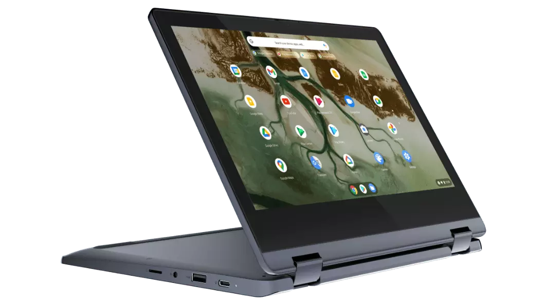 IdeaPad Flex 3i Chromebook Gen 6 (11, Intel) in Abyss Blue in stand mode facing front-right