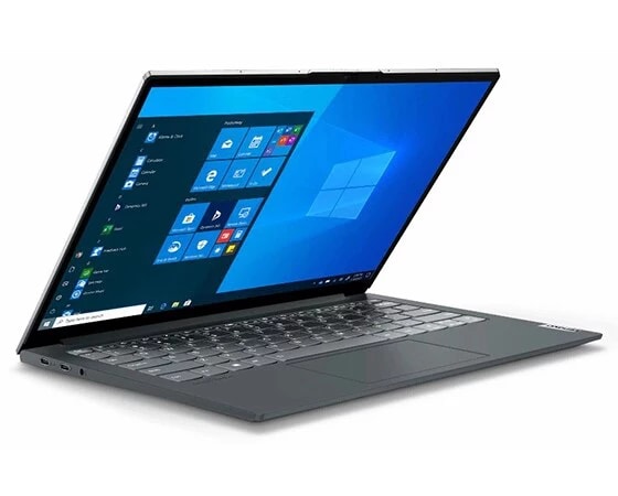 Vue avant gauche en contre-plongée d'un ordinateur portable Lenovo ThinkBook 13x coloris Storm Gray, ouvert à 75 degrés, révélant le clavier et l'écran 13,3''.