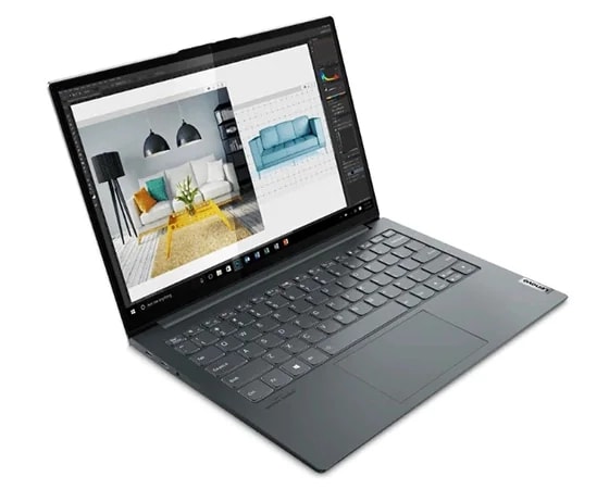 Vue avant gauche en plongée d'un ordinateur portable Lenovo ThinkBook 13x coloris Storm Gray, ouvert à 110 degrés pour montrer le clavier et l'écran 13,3''.