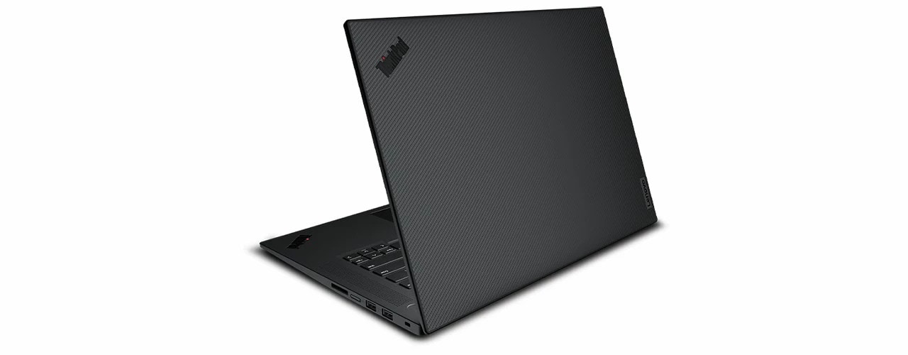 Rear-side of Lenovo ThinkPad P1 Gen 4 mobile workstation showing Carbon-Fiber Weave finish, angled to show right-side ports.