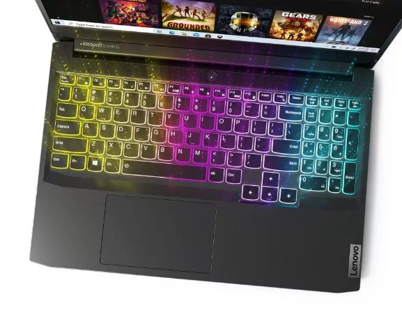 Lenovo IdeaPad Gaming 3 Gen 6 (15, AMD) laptop, top view showing keyboard with multicolor backlighting