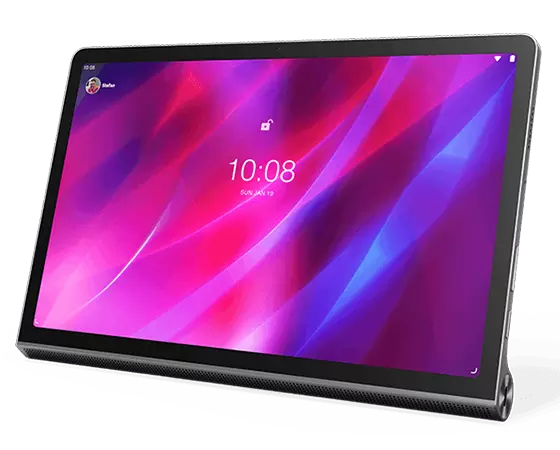 Lenovo Yoga Tab 11 tablet—3/4 right-front view, with lock screen on the display
