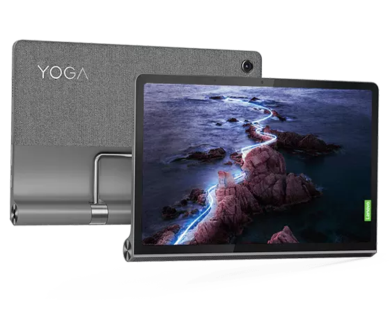 Two Lenovo Yoga Tab 11 tablets—staggered front and rear views
