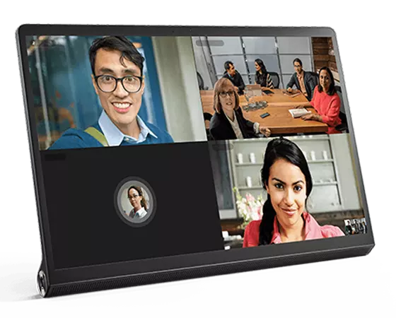 Yoga Tab 13 facing right, screen on in video call