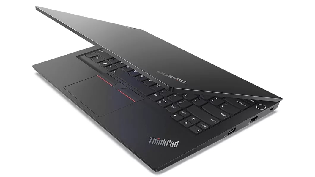 Left side view of Lenovo ThinkPad E14 Gen 4 (14, AMD) laptop, slightly opened, showing top cover and part of keyboard