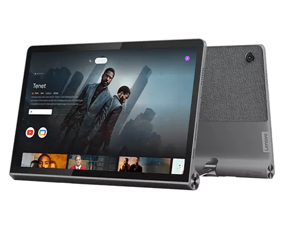 Two Lenovo Yoga Tab 11 tablets—staggered rear and front views, with front view showing an entertainment app with “Tenet” show ready to watch