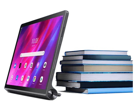 Lenovo Yoga Tab 11 tablet—3/4 right-front view, propped up in front of a stack of books, with home screen and app icons on the display