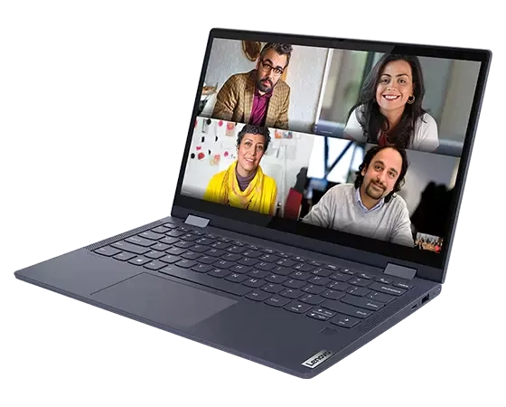Yoga 6 Gen 6 (13″ AMD) Abyss Blue front facing left with video conference call on screen