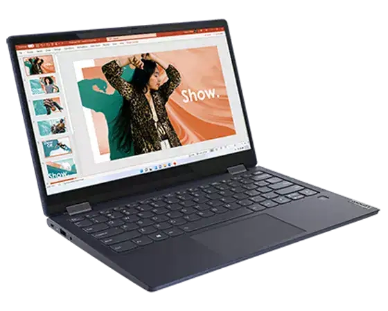 Yoga 6 Gen 6 (13″ AMD) Abyss Blue, opened in laptop mode, front facing
