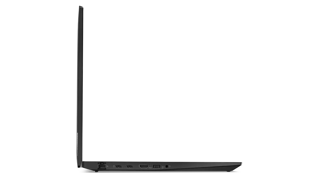 Left side profile of ThinkPad P16s (16, AMD) mobile workstation, opened 90 degrees, showing edge of keyboard and display, plus ports