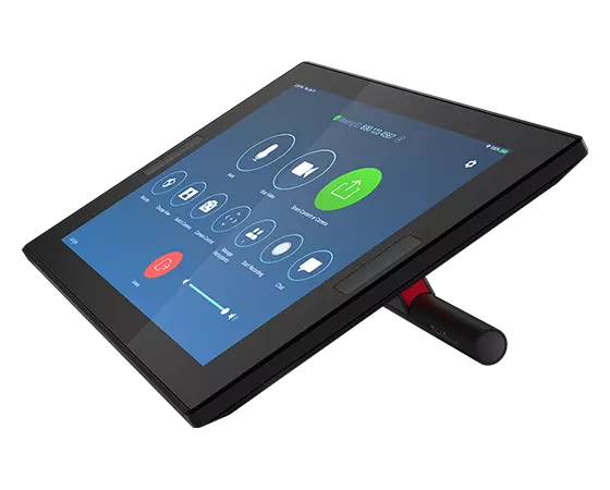 Lenovo ThinkSmart Controller pour Zoom montrant l’écran tactile de 25,65 cm (10,1'') et le côté droit du socle.