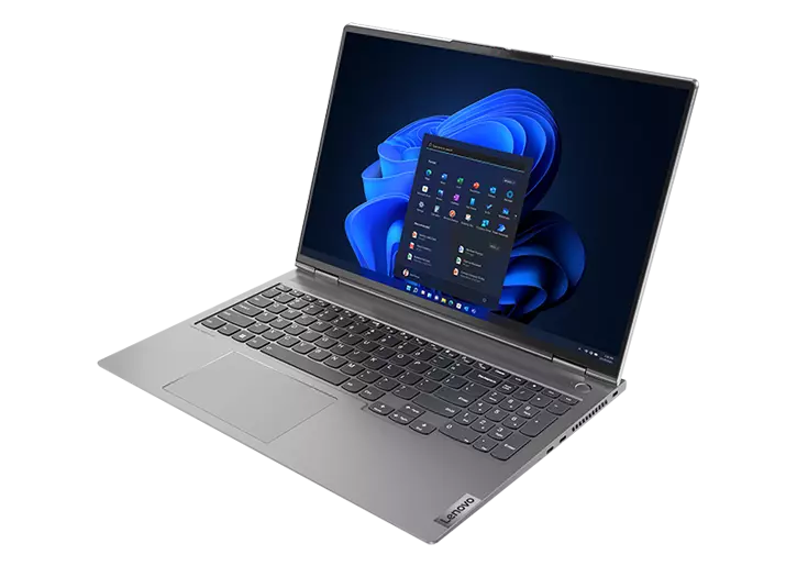 Front facing ThinkBook 16p Gen 3 (16, amd) laptop, opened 90 degrees at a slight angle, showing keyboard, display with windows 11, and ports