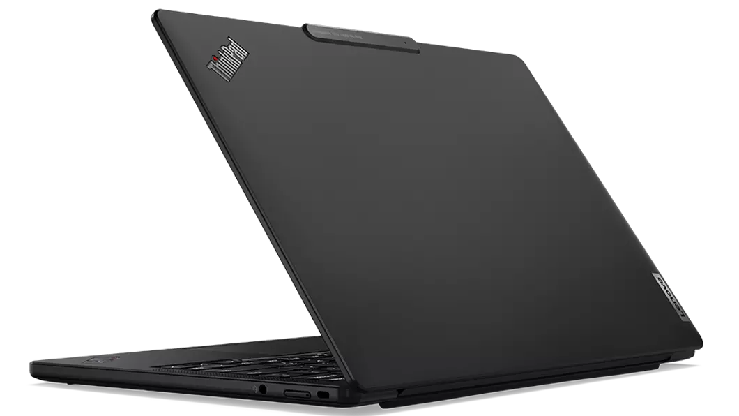 Rear-side of Lenovo ThinkPad X13s laptop open less than 90 degrees and showing right-side ports.