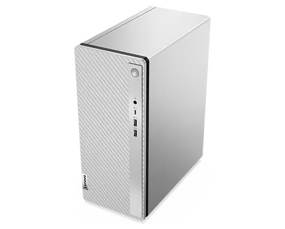Aerial view of side-facing Lenovo IdeaCentre 5i Gen 8 (Intel) family desktop tower, showing front ports, top panel & right-hand panel