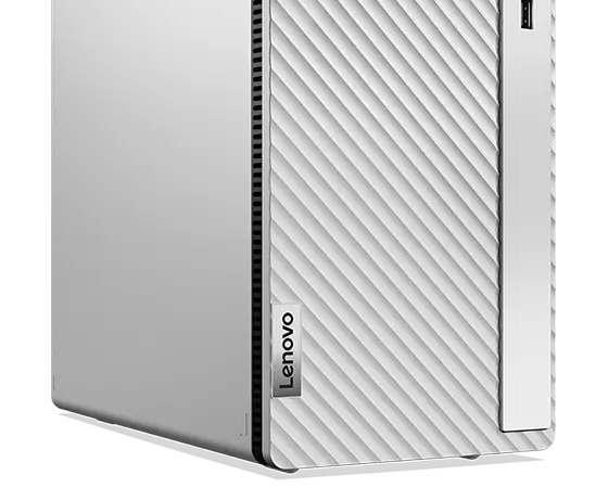 Gros plan latéral du PC familial au format tour Lenovo IdeaCentre 5i Gen 8 (Intel) montrant le logo Lenovo