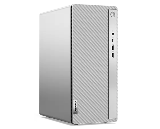 Zijkant van de Lenovo IdeaCentre 5i Gen 8 (Intel) gezinsdesktoptower, met poorten aan voorkant en linkerpaneel