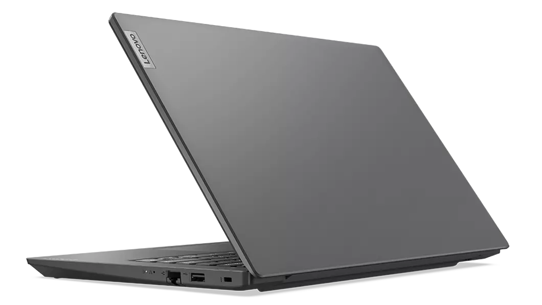 Rear view of right-side of Lenovo V14 Gen 3 (14, Intel) laptop, opened 45 degrees, showing top cover and part of keyboard