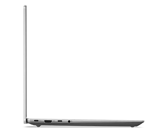 Right-side profile of IdeaPad Slim 5i Gen 8 laptop, opened at 90 degrees, showing edges of keyboard & top cover, & right-side ports