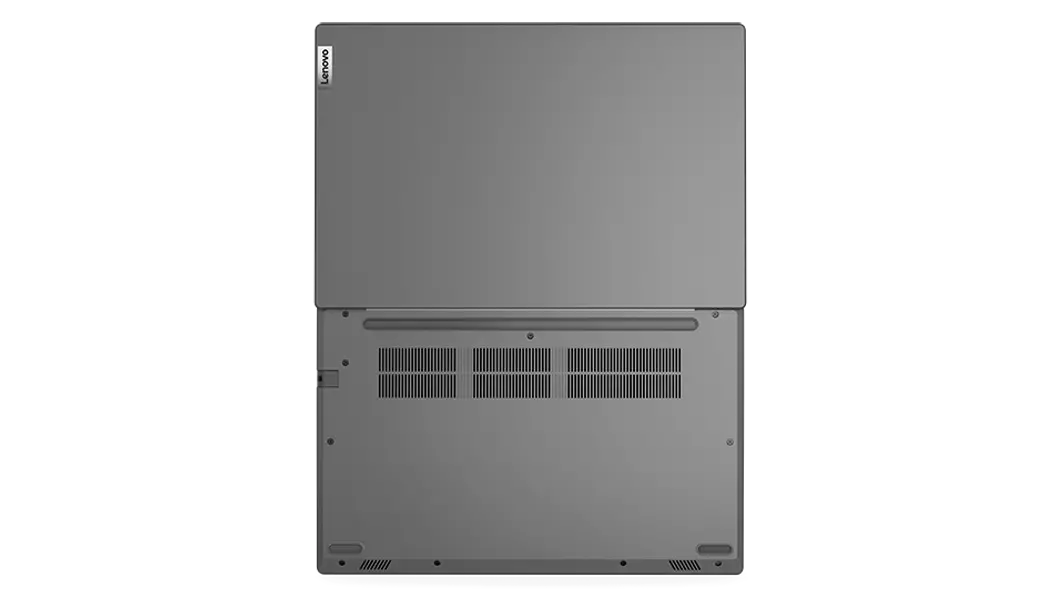 Aerial view of Lenovo V14 Gen 3 (14, Intel) laptop, opened flat 180 degrees, showing top and rear covers