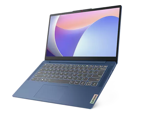 Den bærbare PC-en Lenovo IdeaPad Slim 3i Gen 8 åpnet nesten 180°, 14" skjerm og tastatur.