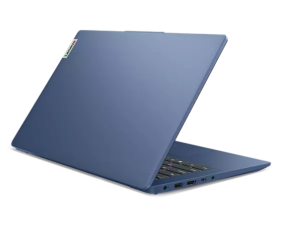 Rear side of Lenovo IdeaPad Slim 3i Gen 8 laptop open about 70 degrees.