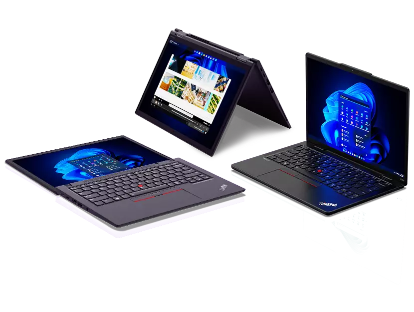 3 portables Lenovo ThinkPad série X ouverts en mode portable, repliés en mode tente et ouverts à 180 degrés.