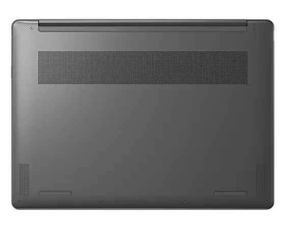 Onderaanzicht van de Yoga 9i Gen 8 2-in-1-laptop, Storm Grey, gesloten, met achterklep en ventilatieopeningen