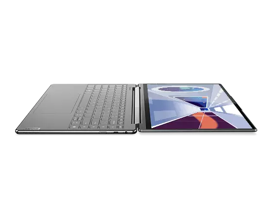 Right-side-facing Yoga 9i Gen 8 2-in-1 laptop, Storm Grey color, opened 180 degrees, showing keyboard & display
